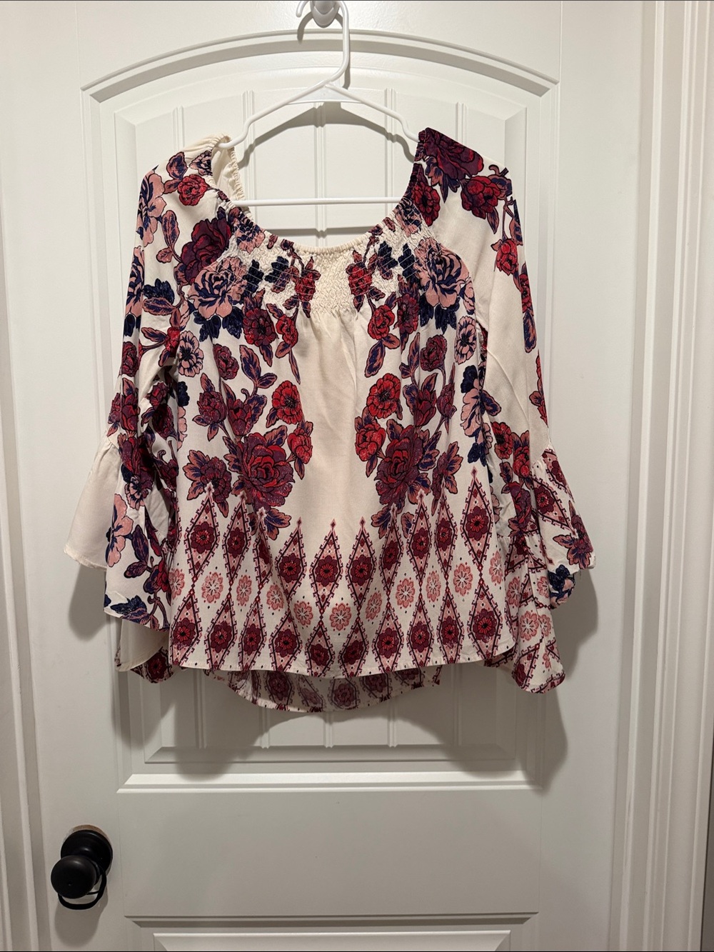 living doll Cream Peasant Top with Red & Pink Floral Print